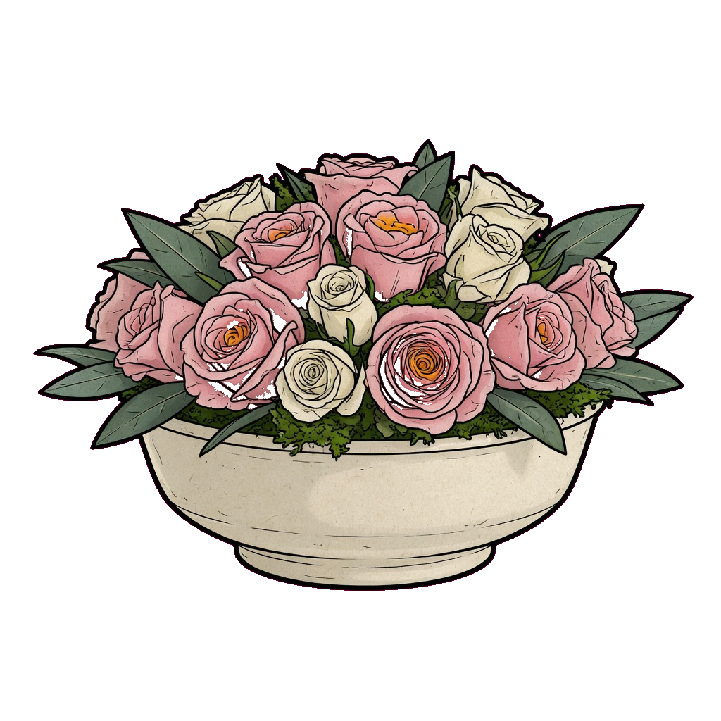 A low bowl of flowers waiting at a hotel front desk in a lobby hold