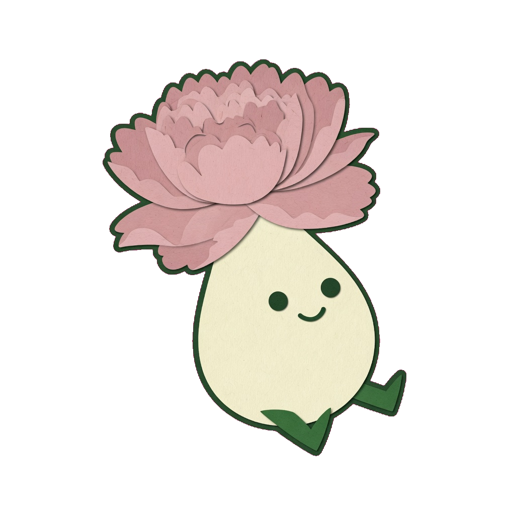 A smiling bloom figure with a layered pink flower head and a cream petal body