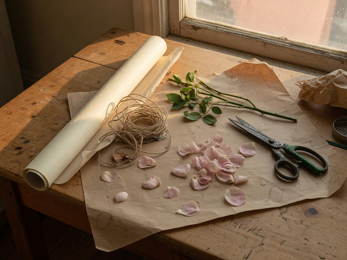 Kraft paper, twine, rose stems, loose pink petals, and florist shears on a wooden wrapping table